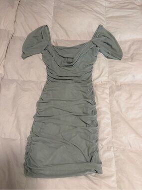 Sage Green Ruched Off-Shoulder Women's Dress
